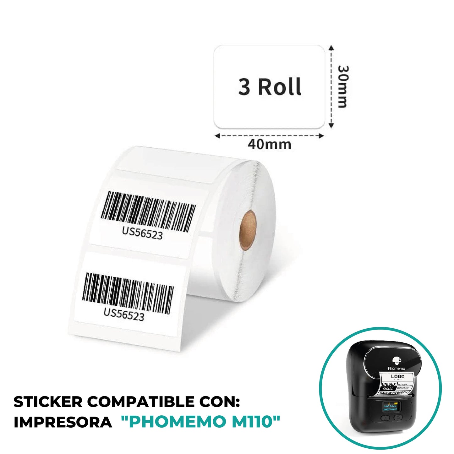 TRES ROLLOS DE ETIQUETA BLANCA 40x30mm PARA PHOMEMO M110