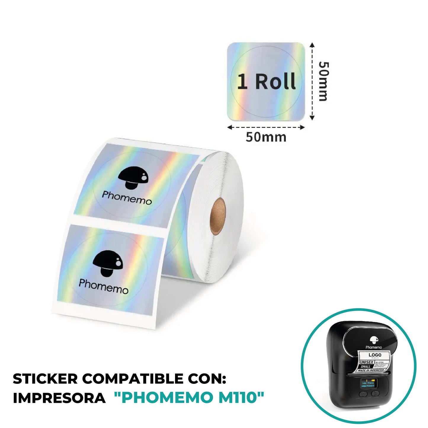 ROLLO DE ETIQUETA HOLOGRÁFICO REDONDO 50x50mm PARA PHOMEMO M110