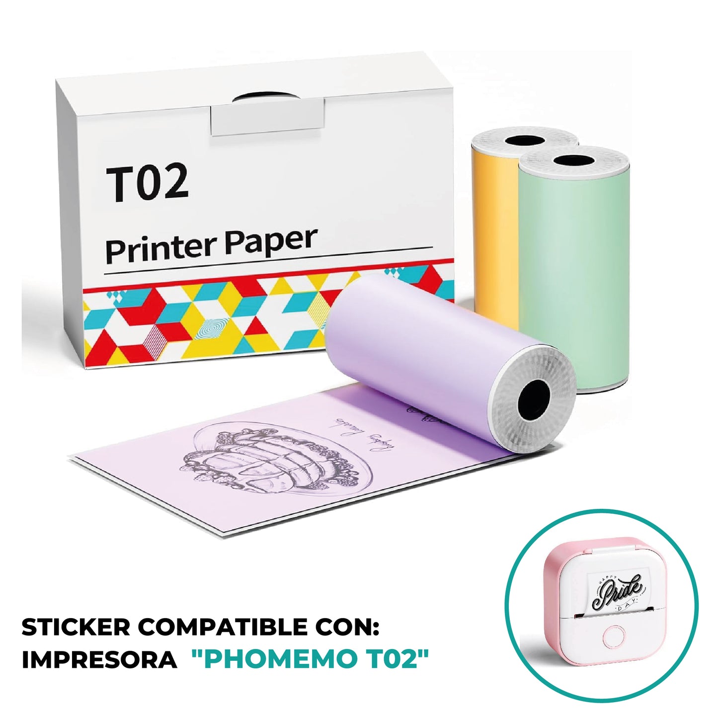 TRES ROLLOS DE PAPEL DE COLORES ADHESIVO 53mmX6.5m PARA PHOMEMO T02