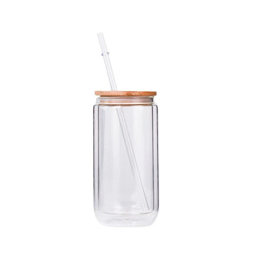 VASO DE VIDRIO DOBLE CAPA TAPA BAMBÚ SUBLIMABLE