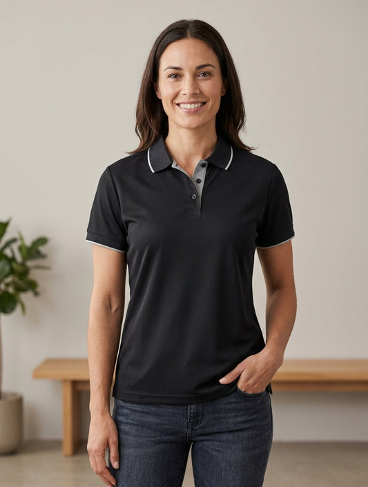 POLO WAFFLE "NEGRO" CUELLO LINEA GRIS DAMA