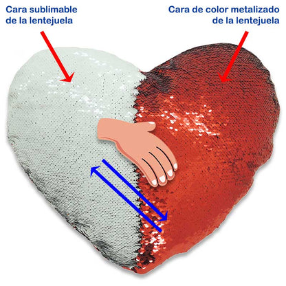 FUNDA ALMOHADA FORMA CORAZÓN DE LENTEJUELAS ROJAS SUBLIMABLE